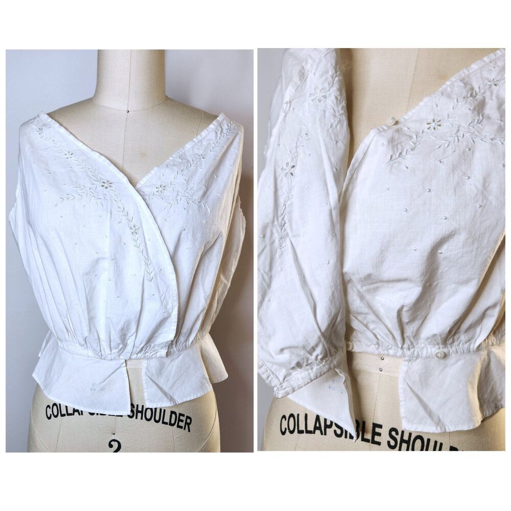1900s White Crop Top Corset Embroidered Italy Antique Peasant Prairie Edwardian